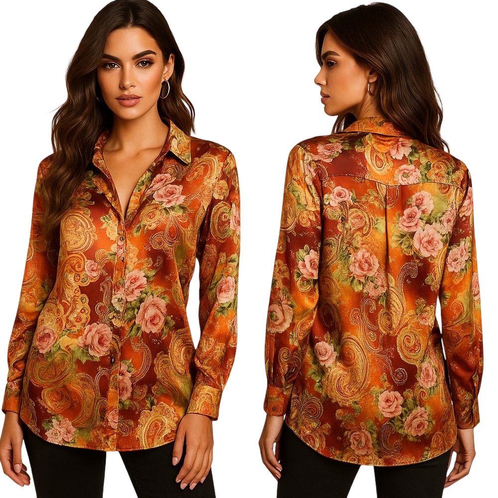 CHANTEUSE Silk Tunic Shirt Womens Medium Multicolor Floral Paisley Boho Sleep